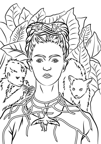 Self Portrait With Necklace Of Thorns By Frida Kahlo  Coloring Page